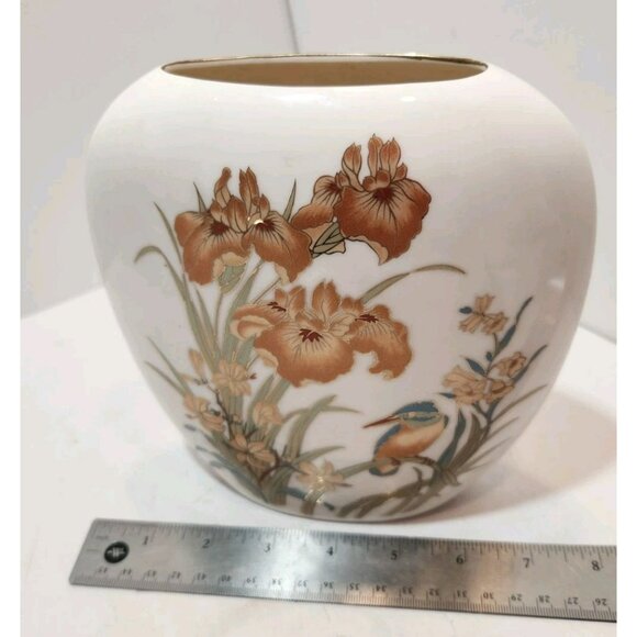 Vtg Japanese White with Gold Accents Oval Flat Vase Floral with Bird - Picture 12 of 12